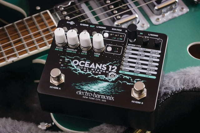 9V R/SEND OUT L/MONO EXP/FSW R. I 2 3 UN L TIDE IN L/MONO BRECET SELECT REVERB ROOM TYPE FX LVL INF A SPRING P.D. FBACK LVL SEND PREDELAY PLATE LENGTH MOD DEPTH LVL TIME P.D. PREAMP LO-FI TONE REVERSE FBACK DRIVE TIDE ECHO P.D. FBACK SIZE TREM FEEDBACK MOD DEPTH MOD RATE DELAY INF S/R DEPTH DYNA RATE AUTO-INF FX TIME DEPTH TAP OCEANS DUAL STEREO 12 RESONANT POLY SHIMMER CTRL MOD XFADE TIME RATE TIME MOD SENSITIVITY SENSITIVITY DEPTH REVERB DUAL AMOUNT CTRL 2 SRS/PRL TUNING A--B REVERB A electro-harmonix NEW