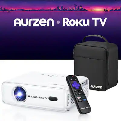 Aurzen - Roku TV Smart Projector with Carrying Case, Roku Streaming Built-in, 1080P FHD, Dolby Audio, Auto Focus & Keystone