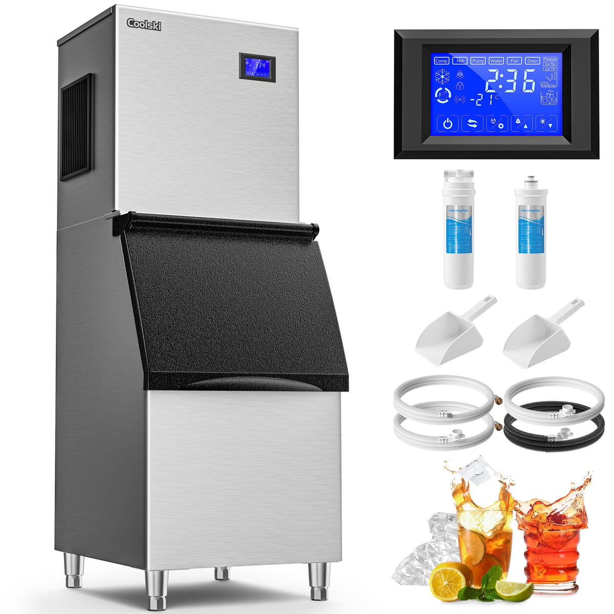 Coolski - Commercial Ice Machine 450LBS/24H, 22”W Industrial Ice Maker with Large Storage Bin, Ideal for Restaurants/Bars/Hotels - Silver