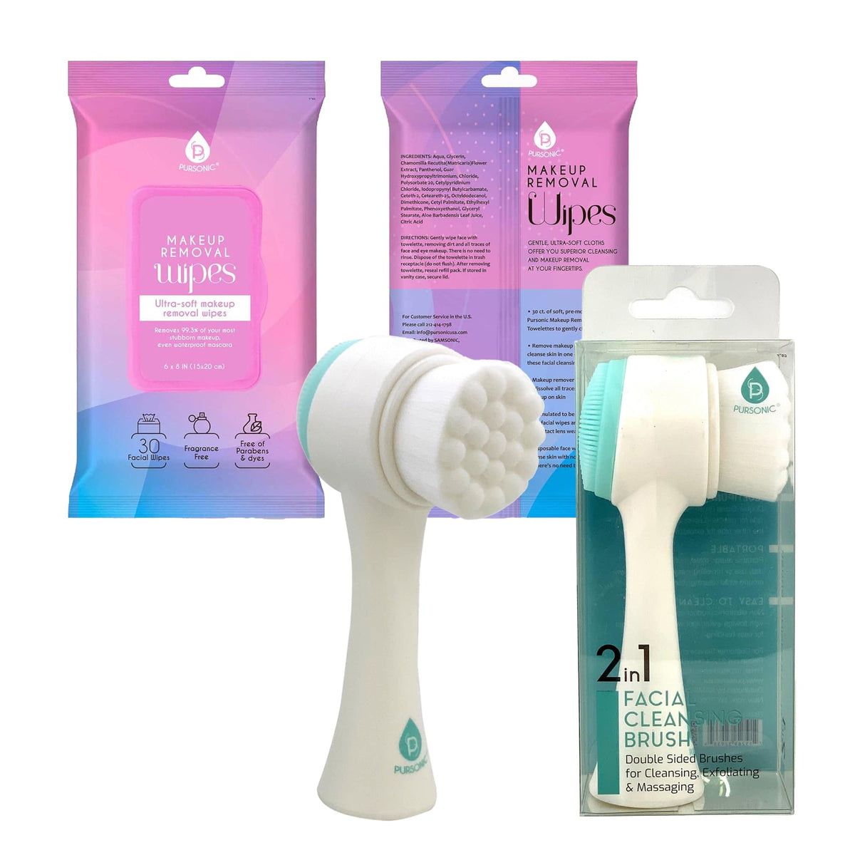 Pursonic - Radiant Beauty Bundle: Dual Sided Facial Cleansing Brush & Makeup Removal Wipes (12 Pack) - Multicolor