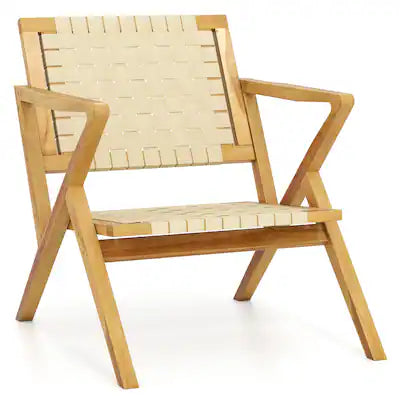 Gymax - Teak Wood Patio Chair w/Webbing Seat & Backrest Mid-century Accent Chair