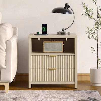Furnulem - 19.7 In Modern Nightstand Bedside Table with Charging Station 2 Wood Slide Drawers
