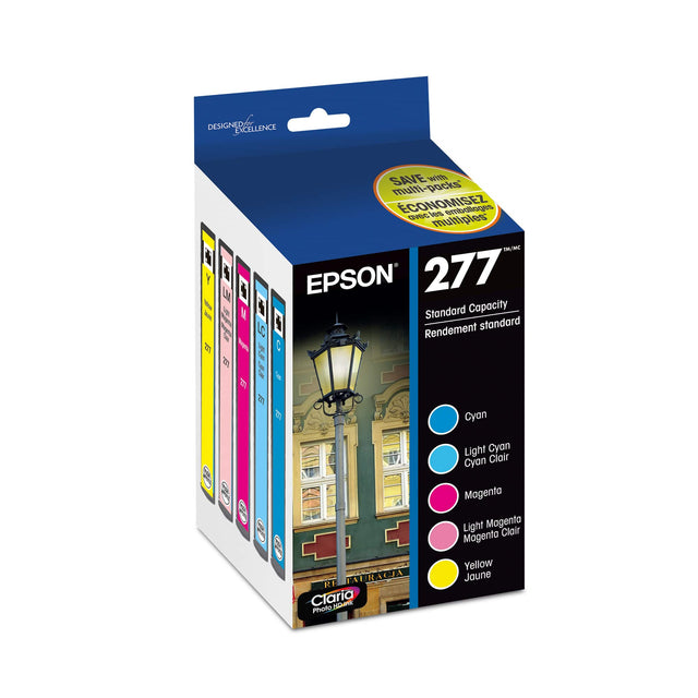 DESIGNED FOR EXCELLENCE

EPSON 277  
Standard Capacity  
Rendement standard

SAVE with multi-packs  
ÉCONOMISEZ avec les emballages multiples

Cyan  
Light Cyan  
Cyan Clair

Magenta  
Light Magenta  
Magenta Clair

Yellow  
Jaune

Claria Photo  
Photo HD