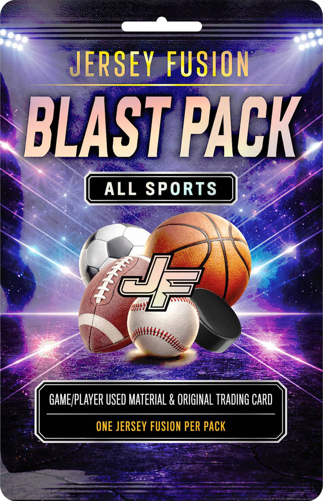 JERSEY FUSION BLAST PACK ALL SPORTS  
GAME/PLAYER USED MATERIAL & ORIGINAL TRADING CARD  
ONE JERSEY FUSION PER PACK
