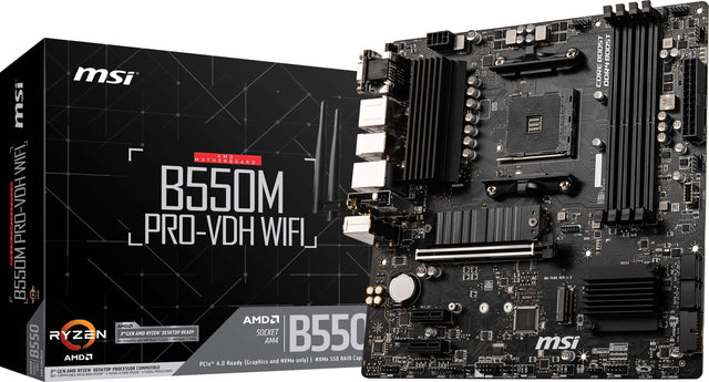msi B550M PRO-VDH WIFI  
AMD MOTHERBOARD  
AMD2  
AMD RYZEN DESKTOP READY  
SOCKET B550  
AMD2  
AM4  
NVMe SSD RAID Cap:  
PCIe 4.0 Ready (Graphics and NVMe only)  
AMD RYZEN N DESKTOP 1200 PROCESSORS  
BOOST DR4  
DDR4  
PC1_82  
msi UEB LER  
ai LEO.S  
J8A19801