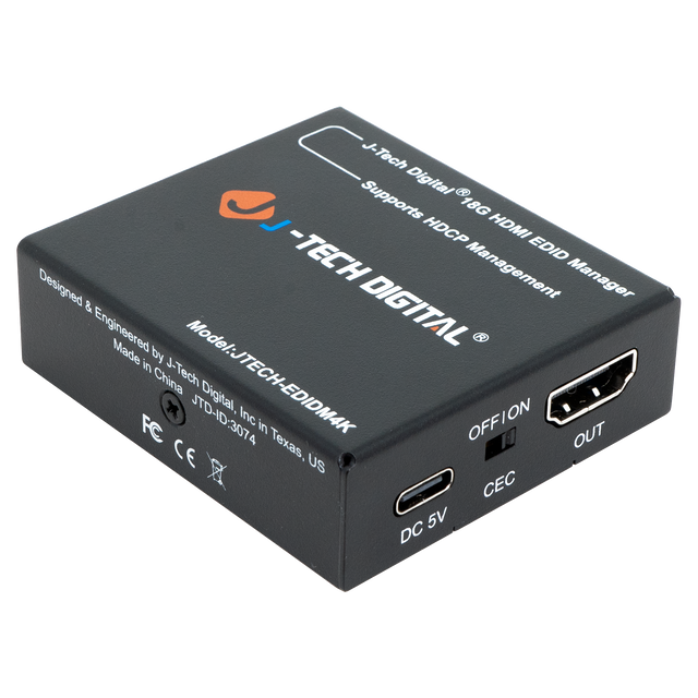 J-Tech Digital Supports 18G HDMI EDID Manager -TECH DIGITAL Model:JTECH-EDIDM4K Designed & Engineered by J-Tech Digital, Inc in Texas, US Made in China JTD-ID:3074 OFFION OUT CEC DC 5V