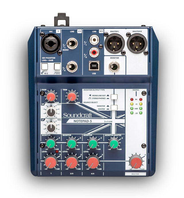 MIC 1 LINE 2/3 LINE 4/5 MASTER L MASTER R CEURIK 1/ MONO NEUTRIK 3 NEUTRIK 48V PHANTOM LINE -20dB MONITOR HB-Z 1/ 100Hz USB GAIN TRIM MONITOR OUTPUT TYPE SIGNAL MONO LINE OUT STEREO PHONES PK 4.10 HF 9 12 LP -1 01 0 SOV SOURCE SELECT 12sPr MONITOR a MASTER +9 Soundcraft NOTEPAD-5 2x2 3 USE 1 +6 DdS -20 -5 E -9 9 .2 MONITOR 12 MONITOR O MONITOR a MONITOR MASTER - LEVEL +10dB TE PK LEVEL O 10dB a S 10dB - o - -104 -E 1048 D 20R 1 a3 4/3 MASTER