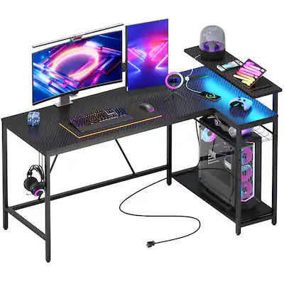 Bestier - 58inch L-Shaped Gaming Desk with LED Lights with Power Outlet & Monitor Stand Corner