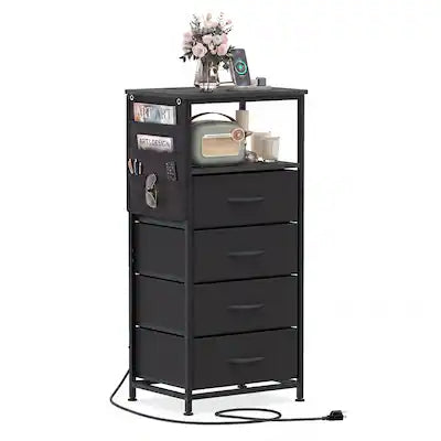Costway - 1 PCS 34" Nightstand with Integrated Charging Station, 4 Fabric Drawers & Metal Frame