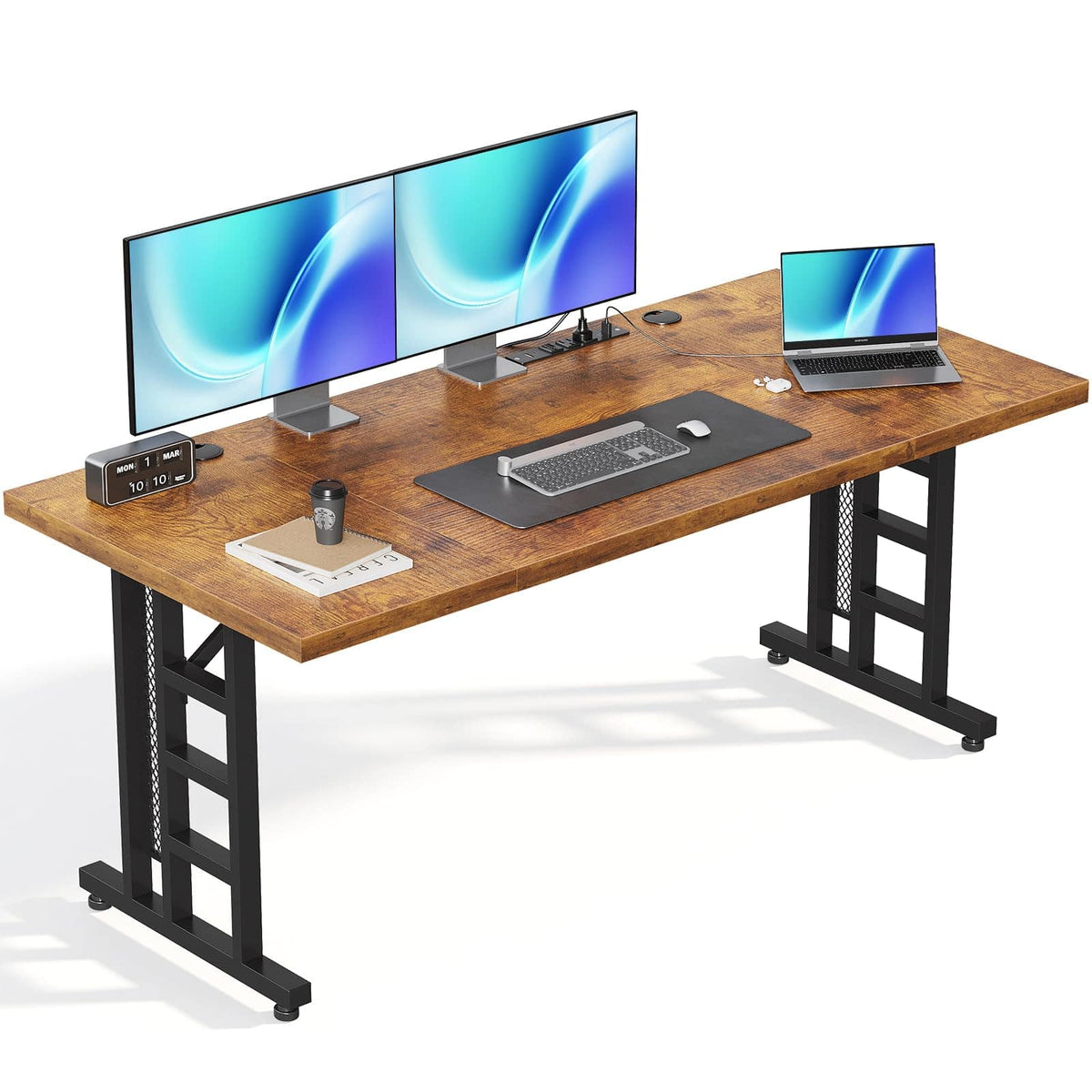 OffiGo - Executive Desk with Power Ports, Large Computer Desk with 3-Piece Thickened Board for Home Office Workstation - Rustic Brown