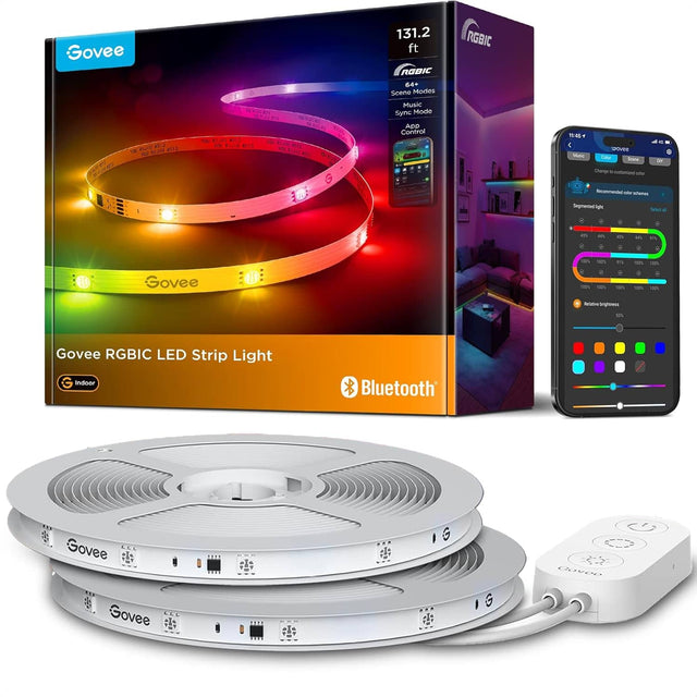 Govee 131.2 ft RGBIC B+ Seeno Modes Music Sync Mido RGBIC Fe

eu - rd - 40110 - d - CA App Control

T7:48 Y Munic povee - Scan M i Chege -uomient - E Rncommented F aatas Segmented lghe - . . an an - an 2n sen se% an ten h 1

Govee 18P se - tan 180 -e Chingocr 5

Govee RGBIC LED Strip Light Indder Bluetooth

Govee  IG  Govee  08 1G