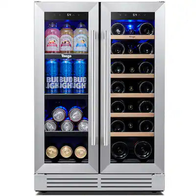 Yeego - 24 inch Wine and Beverage Cooler, Dual Zone Wine Fridge, 20 Bottle + 60Can, 36-72°F Built in, Glass Door, for Home Bar