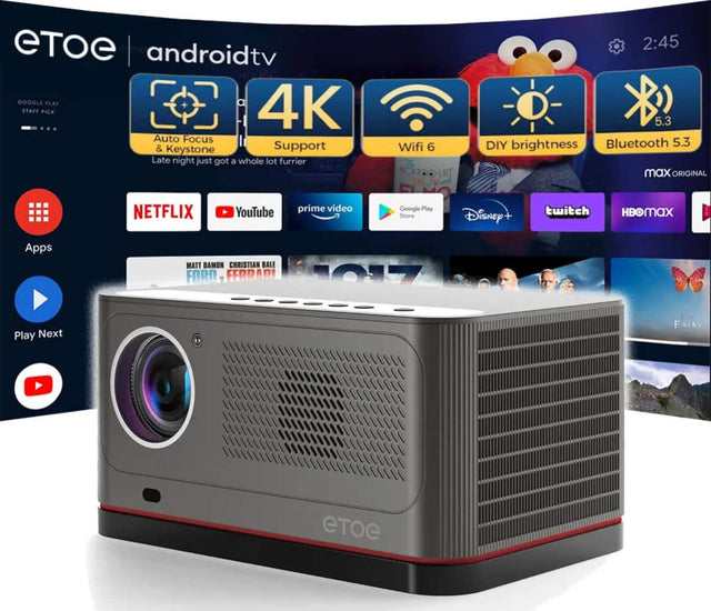 androidtv  
GOOGLE PLAY STAFF PICK  
4K Auto Focus & Keystone Support  
Late night just got a whole lot furrier  

NETFLIX  
YouTube  
prime video  
Google Play Store  
Disney+  
twitch  
HBOMAX  

Apps  
Play Next  

Wifi 6  
DIY brightness  
Bluetooth 5.3  

MATT DAMON CHRISTIAN BALE  
FORD FORD  
THE FAIRY  

2:45  
5.3  
MAX ORIGINAL