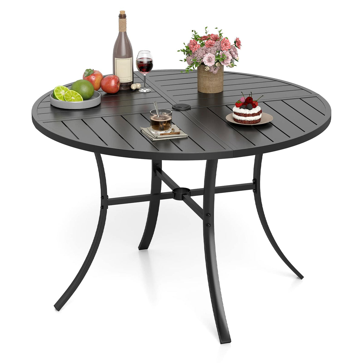 Gymax - Patio Dining Table 42.5'' Round Metal Slat Table w/ Umbrella Hole Outdoor - Black
