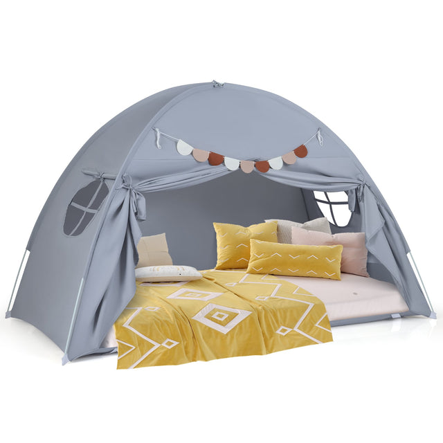 Front. Gymax - Gymax Twin Full Size Bed Tent w/2 Windows Flags for Boys & Girls Aged 3+ Years Old Grey - Gray.