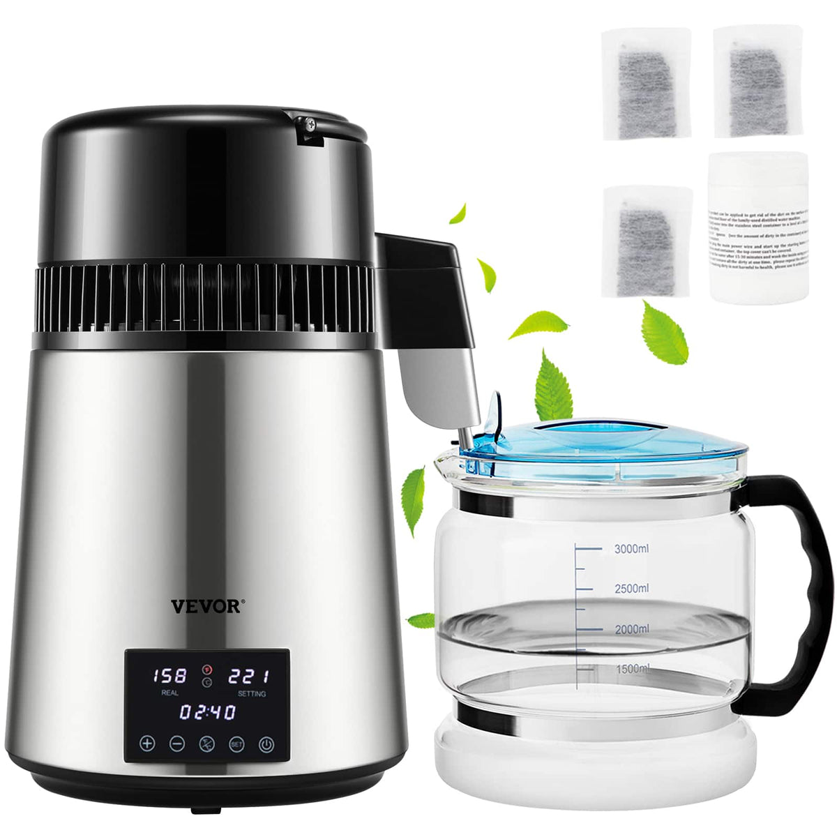 VEVOR - 1.1Gal Water Distiller, 0.4Gal/H, Distilled Water Maker Machine 1750W 0-99H Timing Dual Temp Display