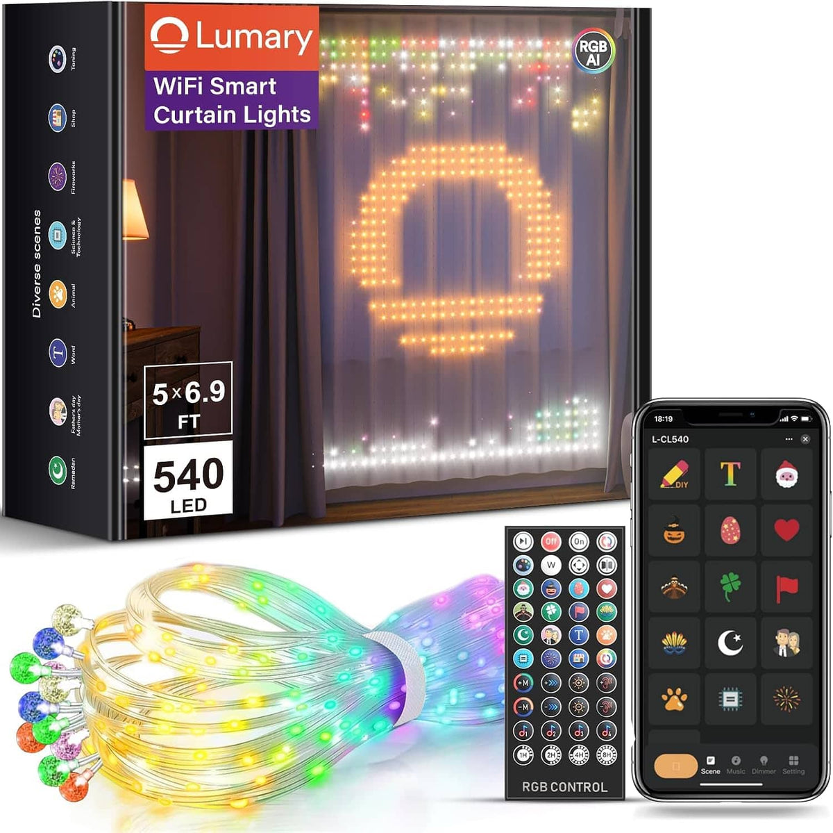 Lumary - WiFi Smart Curtain Light with APP & Remote Control, DIY Color Changing Pattern GIF Display for Outdoor Indoor - Clear