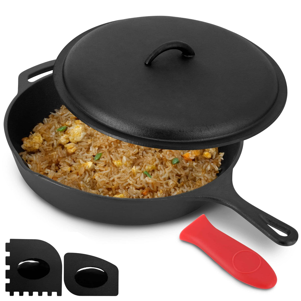 MegaChef - 12 Inch Pre-Seasoned Cast Iron Skillet with Cast Iron Lid - Black