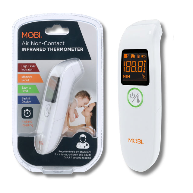 MOBI.  
Air Non-Contact INFRARED THERMOMETER  

- High Fever Indicator  
- Memory Recall  
- Easy to Read  
- Backlit Display  
- Instant Reading  

Recommended by physicians for infants, children and adults  
Quick 1 second reading  

188.8°F  
MEM  
E
