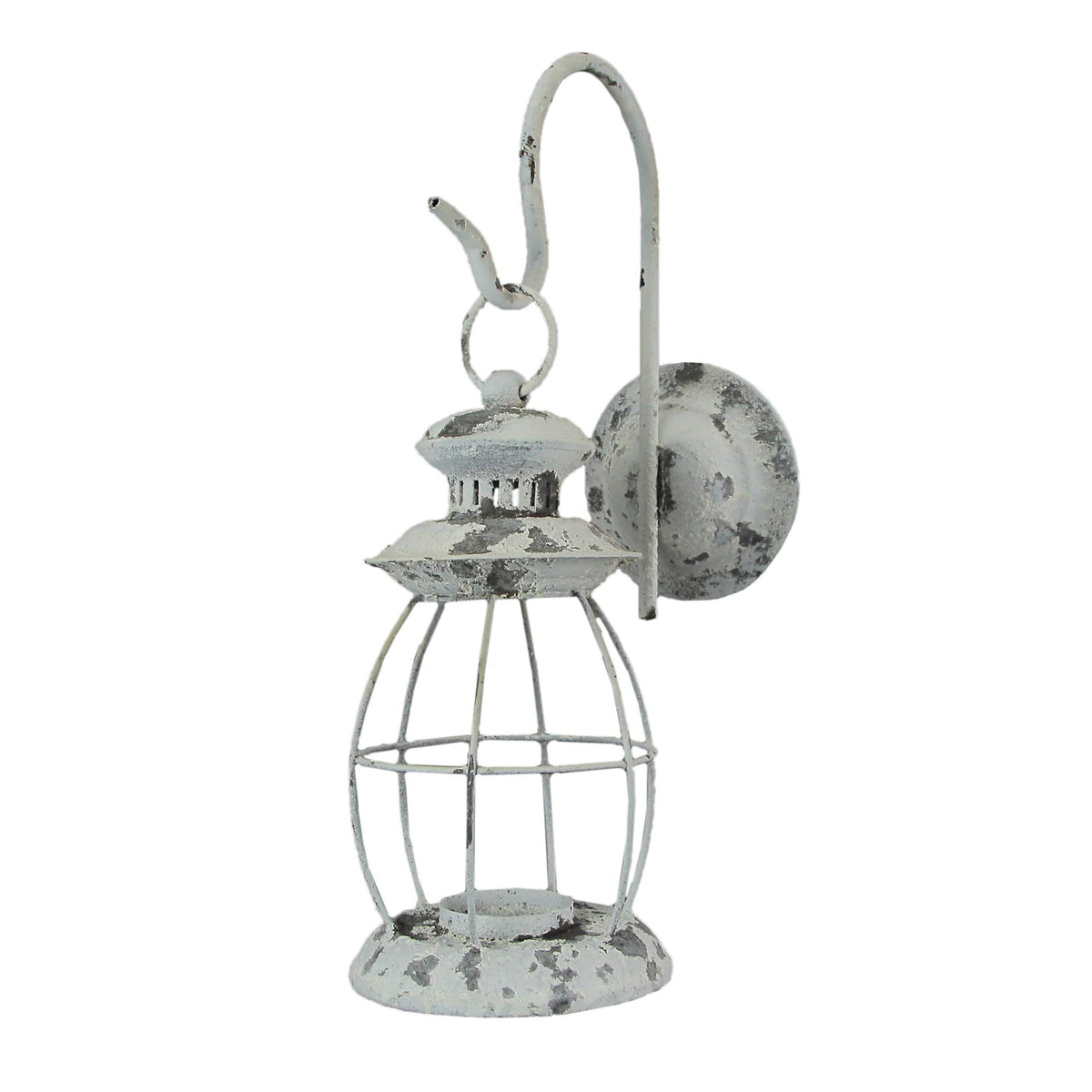 Zeckos - Rustic Distressed Metal Wall Mounted Railroad Lantern Hanging Candle Sconce - Black