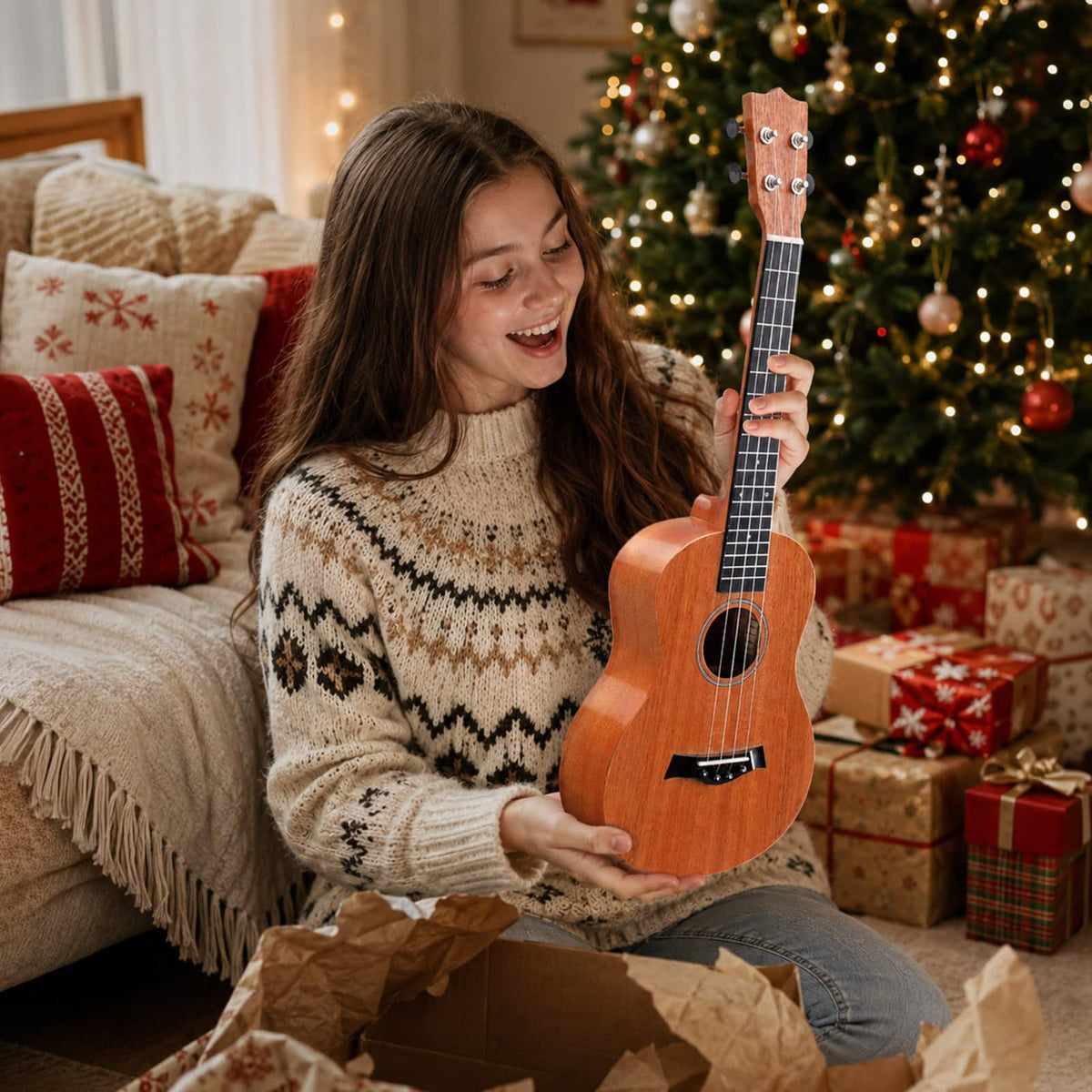 Winado - 23" Mahogany 4-String Soprano Ukulele Kit Includes Gig Bag, Strap, Picks, Strings and Cleaning Cloth - Natural