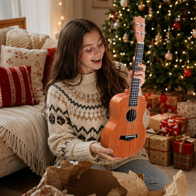 Front. Winado - 23" Mahogany 4-String Soprano Ukulele Kit  Includes Gig Bag, Strap, Picks, Strings and Cleaning Cloth - Natural.
