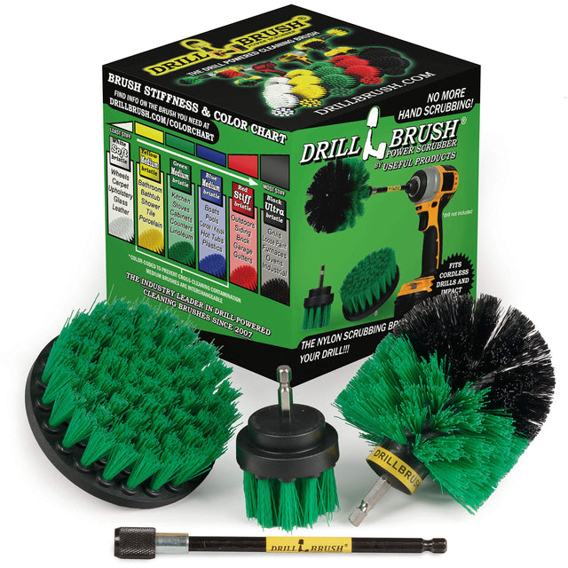 ds BRUSH CLLANING C RAA DRILL POWERES THEDRLE COM BRUSH FIND INFO ON STIFFNESS THE BRUSH YOU & DRILLBRUSIL.COM HAND SCRUBBING! NO MORE DRILLBRUSH.COM/COLORCHART LEAST Whitte STC NEED AT COLOR CHART i BRUSH Soft LC DRILL POWER SCRUBBER bristle Kedu Green BY USEFUL PRODUCTS Wheels briatie Medium  Carpet Bathroom bristle Modium NOST Upholstery Red STAT Bathtub Kitchen bristhe Stiff Glass Shower Black Leather Stoves Bosts bristle Ultra Te ' not included Porcelain Cabinets Pools Outdoors bristla Counters CAFA K 