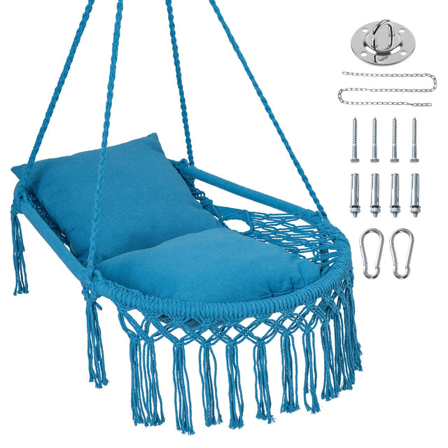Front. Costway - Costway Macrame Swing Chair with 2 Removable Cushions, Enduring Polyester Cotton Ropes - Blue.