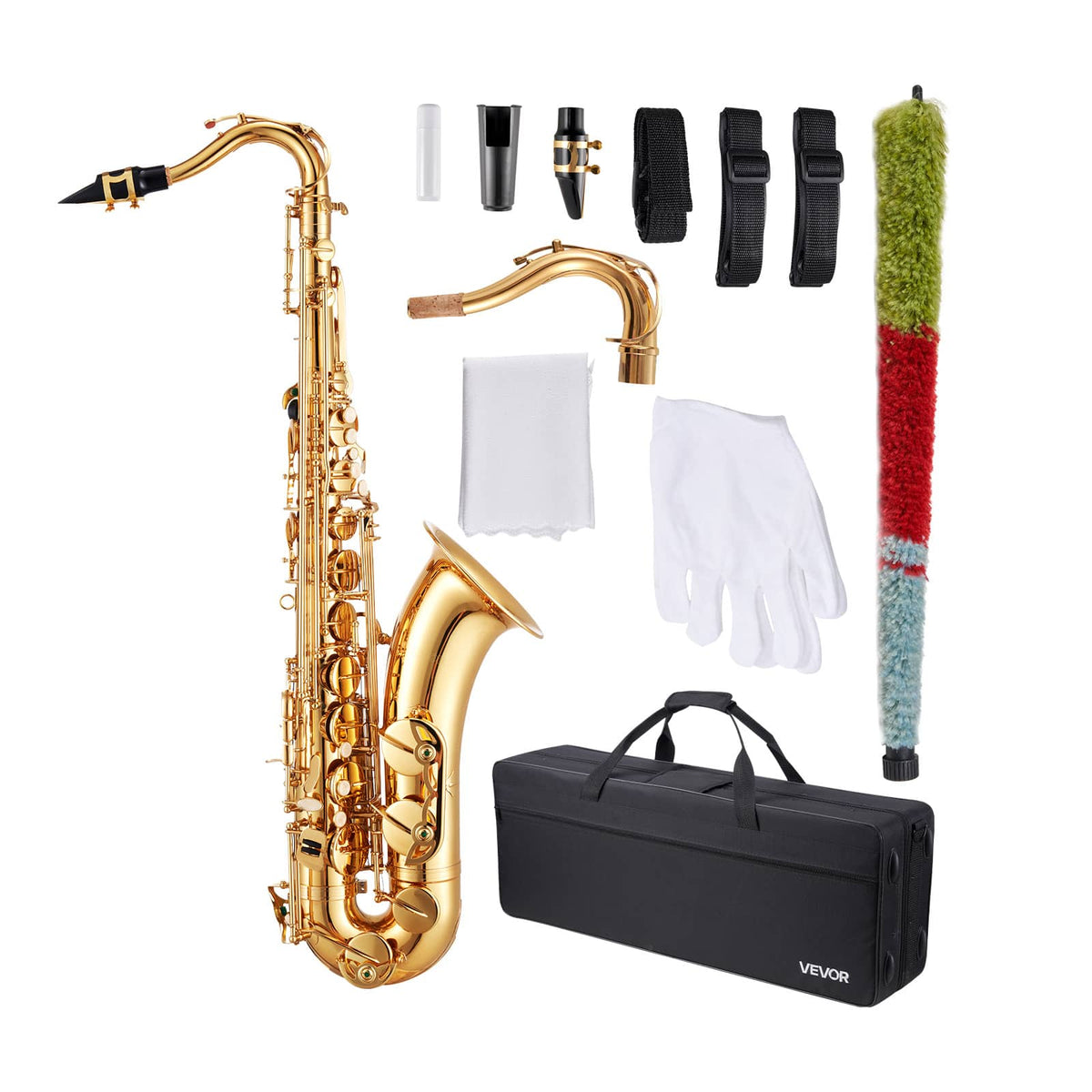 VEVOR - Tenor Saxophone, B Flat, Professional Brass Saxophone Beginner Kit with Carrying Case, Mouthpiece, Straps - Gold