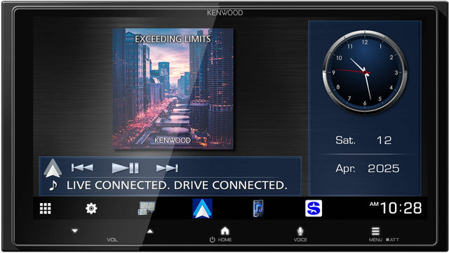KENWOOD  
EXCEEDING LIMITS  
11 12 1 10 2 9 3 8 4 7 6 5  
KENWOOD  
Sat. 12  
Apr. 2025  
AM 10:28  
LIVE CONNECTED. DRIVE CONNECTED.  
VOL HOME VOICE MENU ATT