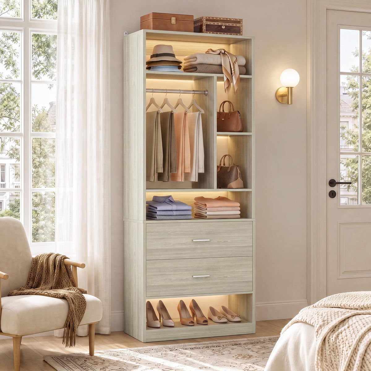 Aheaplus - Freestanding 24" Closet System with 2 Drawers, 6 Shelves & Hanging Rod - Small Walk-in Organizer - White Oak