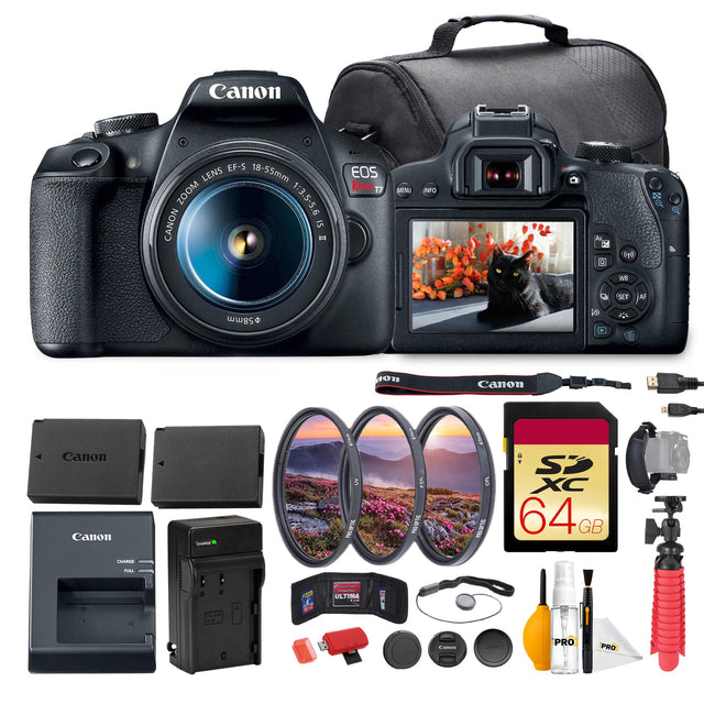Canon EF-S LENS 18-55mm ZOOM 1:3.5-5.6 CANON IS II  
EOS REBEL T7  
Canon SD XC 64GB  
Canon Lens Hood  
Canon Lens Cap  
Canon Battery Charger  
Canon Battery  
Canon USB Cable  
Canon Strap  
Canon Cleaning Kit  
Canon Tripod