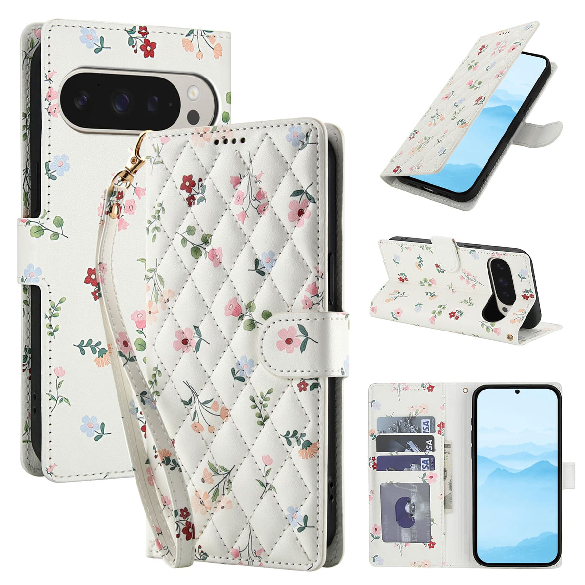 Dteck - Floral Wallet Case for Google Pixel 10 Pro XL with Wrist Strap, Premium PU Leather Shockproof Protective Flip Cover - A