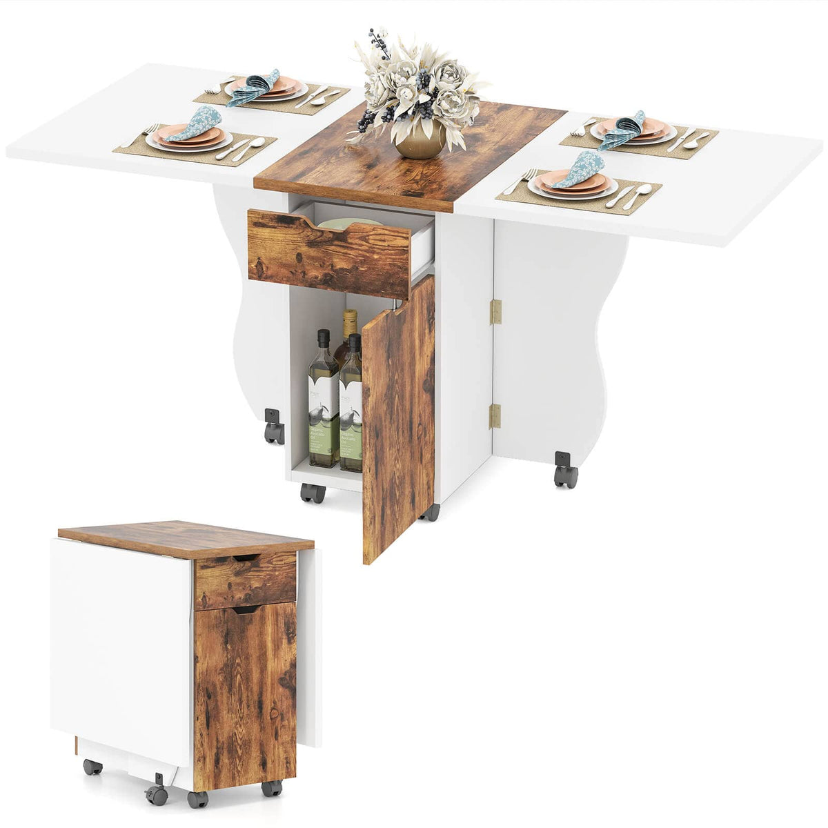 Costway - Folding Dining Table with Lockable Wheels, 2 Drawers & 2 Cabinets for Small Spaces - White + Rustic