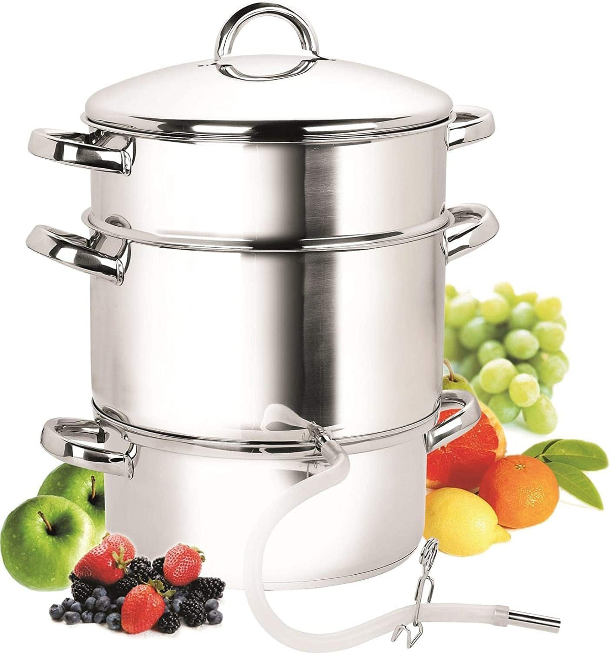 Cook N Home - Basics 11 Qt S/S Steam Canner Juice Extractor,Cooking Pan, Strainer/Loading Pan, Lid, & Hose with Clamp - STAINLESS STEEL