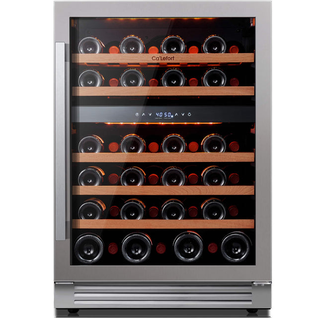 Front. Ca'Lefort - 24 Inch Wine Fridge, 52 Bottle Wine Refrigerator, 40-65°F Dual Zone Wine cooler,3 Color LED, Built-in for Home/Bar - Stainless Steel.