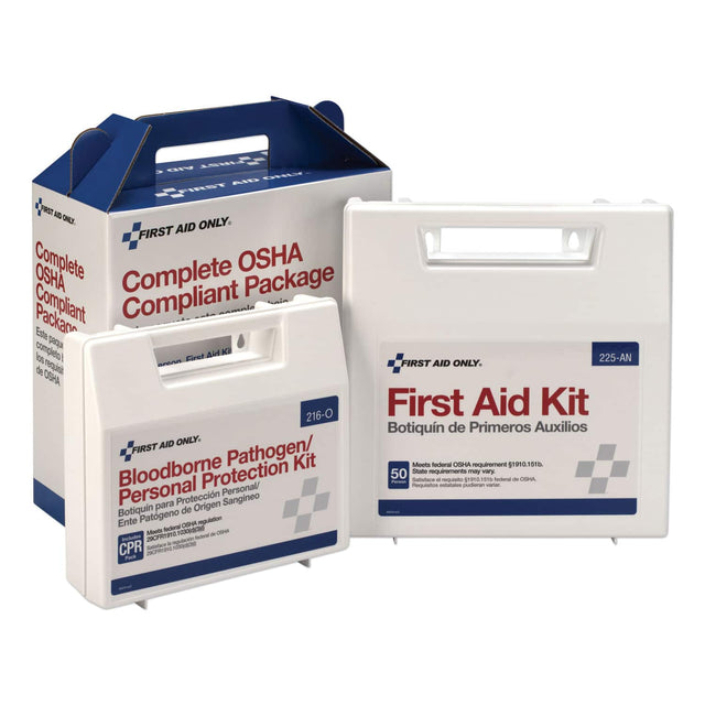 AID ARD L FIRSY FOS ND ONEY. ONLY. FIRST AID Complete OSHA OSHA Complete Package Compliant Compliant Este completo) Air KE los Firet 225-AN erina FIRST AID ONLY. de HA 216-O First Aid Kit Botiquin de Primeros Auxilios AID ONLY. FIRST Pathogen/ Bloodborne Kit Sitate Moots focoral OSIHA requirement 1910.1516 Protection 50 requirements may very Salisface - - 19981516 -o - CEPI Person Reguistos astatales pudieran vres Personal Personal/ para Proteccin Origen Sangineo Botiquin de Ente Patgeno OSPA regulaon MiNCE