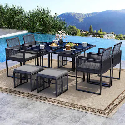 Costway - 9 PCS Patio Dining Set with PE Rattan Chairs Tempered Glass Table and Ottomans