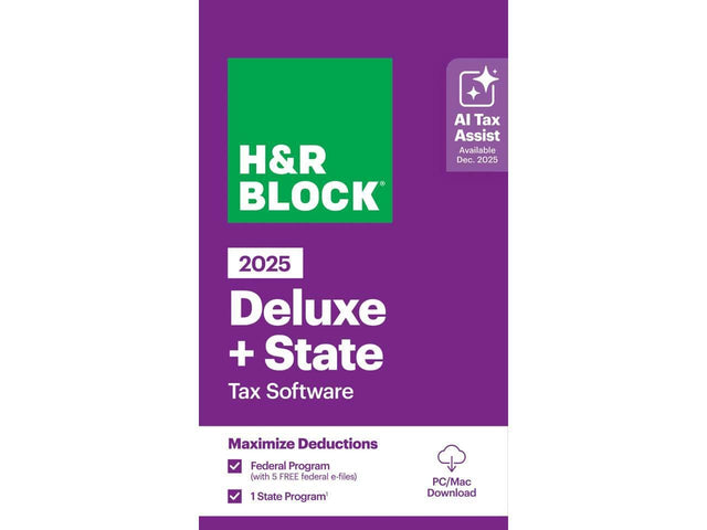 H&R Block AI Tax Assist Available Dec. 2025  
2025 Deluxe + State Tax Software  
Maximize Deductions  
Federal Program (with 5 FREE federal e-files)  
1 State Program*  
PC/Mac Download
