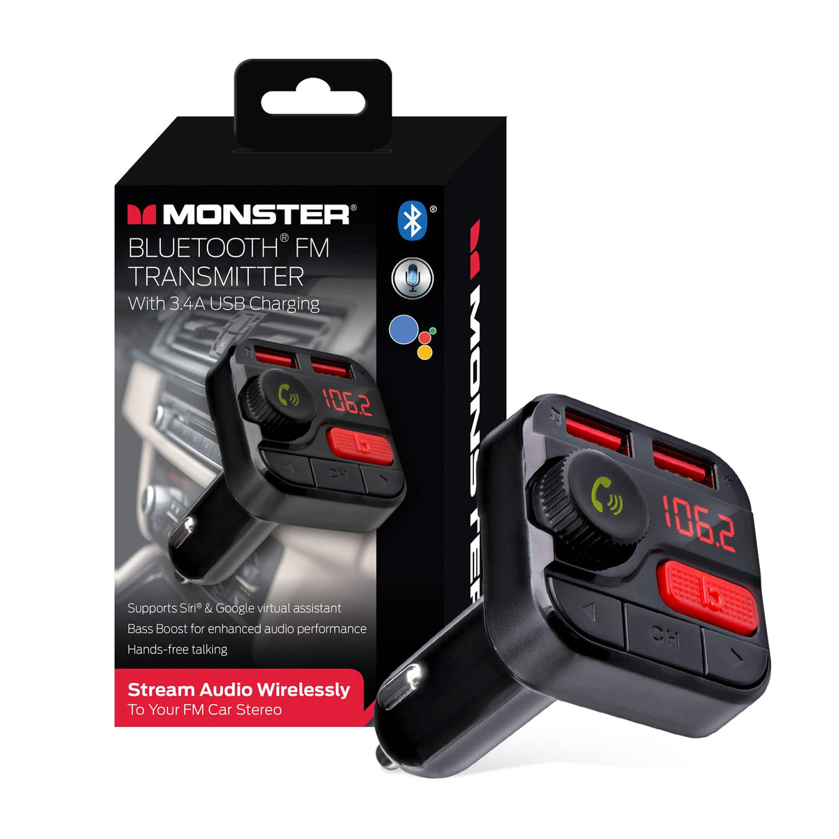 Monster - Bluetooth FM Transmitter for Car Cigarette Lighter, Bass Boost, Track Back/Forward, Volume, Play/Answer Buttons - Black