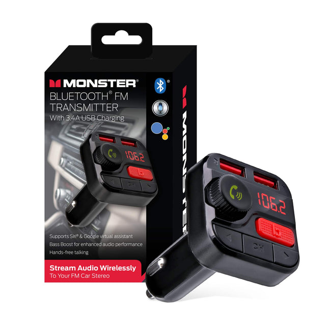 MONSTER BLUETOOTH FM TRANSMITTER With 3.4A USB Charging Supports Siri* & Google virtual assistant Bass Boost for enhanced audio performance Hands-free talking Stream Audio Wirelessly To Your FM Car Stereo