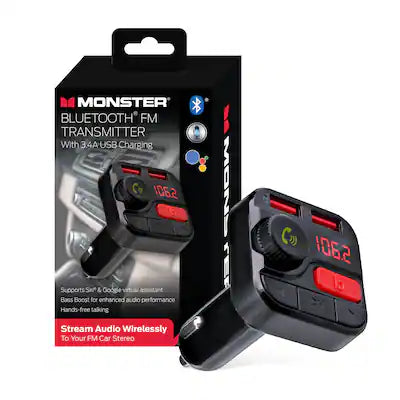 Monster - Bluetooth FM Transmitter for Car Cigarette Lighter, Bass Boost, Track Back/Forward, Volume, Play/Answer Buttons
