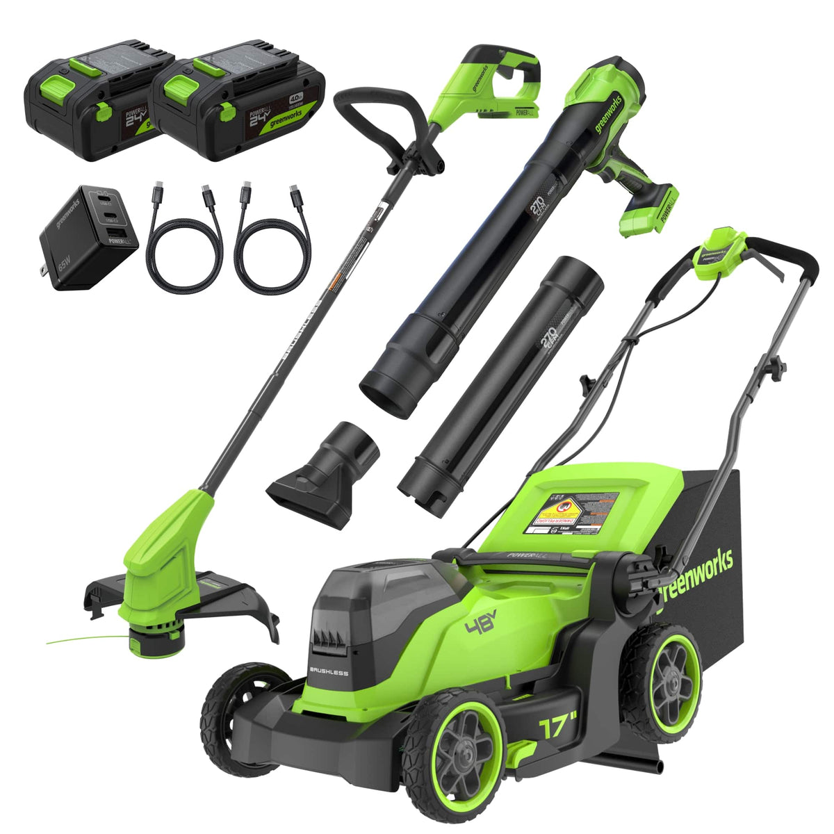 Greenworks - 48V (24V x 2) 17" Push Mower + Blower + 12" String Trimmer Combo, (2) 4.0Ah Batteries and Charger - Green