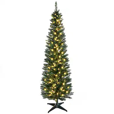 Homcom - Tall Pre-Lit Slim Noble Fir Artificial Pencil Christmas Tree with 200 Warm White LED Lights and 499 Tips