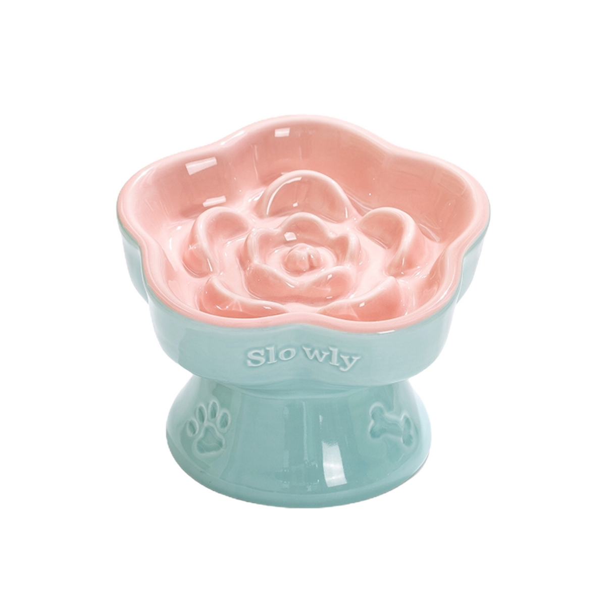 PawsPik - Raised Ceramic Slow Feeder Dog & Cat Food Bowl - Rose Pink