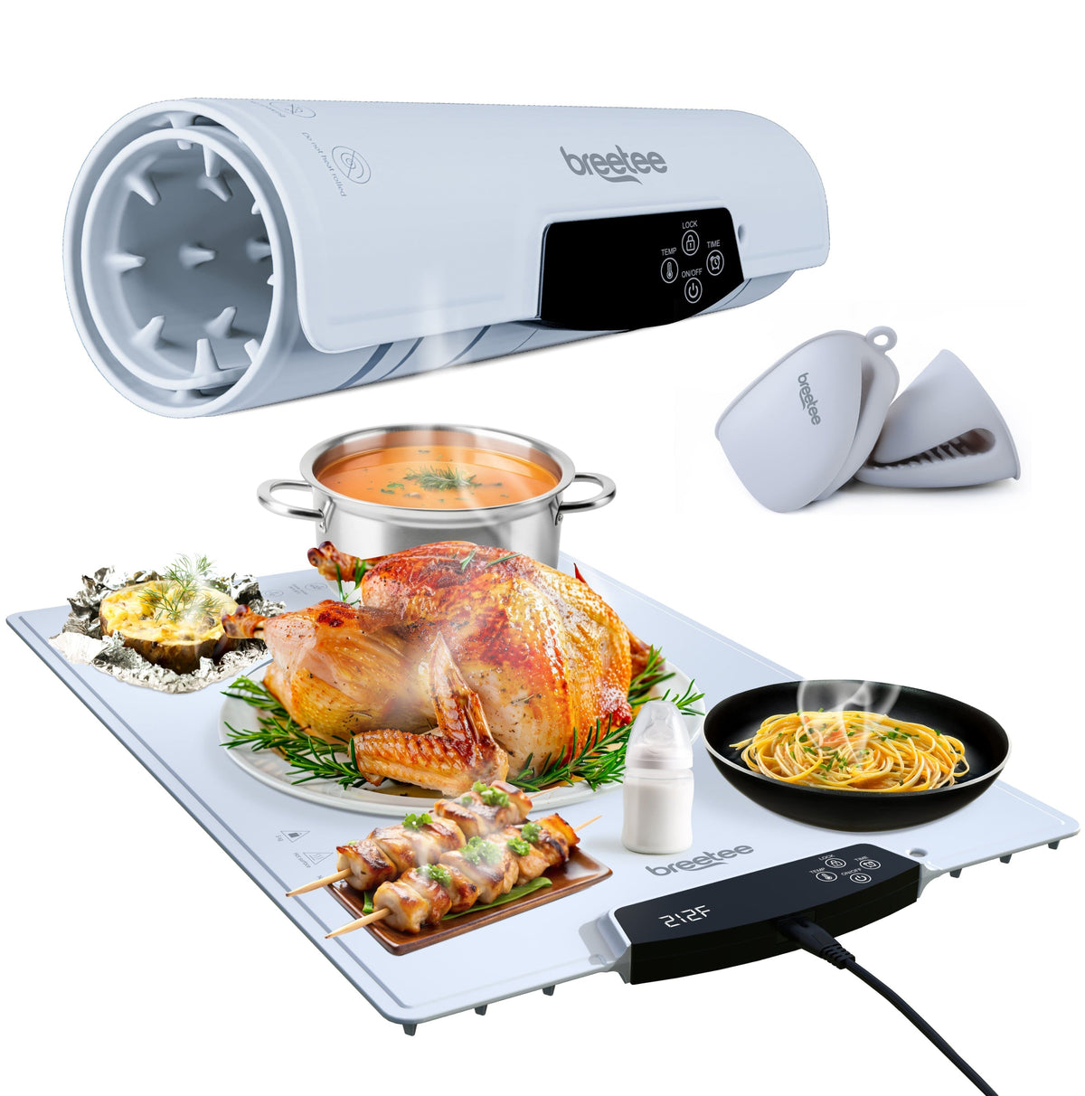Breetee - WarmPad Pro-Electric Food Warming Mat with 9 Temperature Settings-Roll Up Silicone Heating Mat for Dinner, Party, Events - White