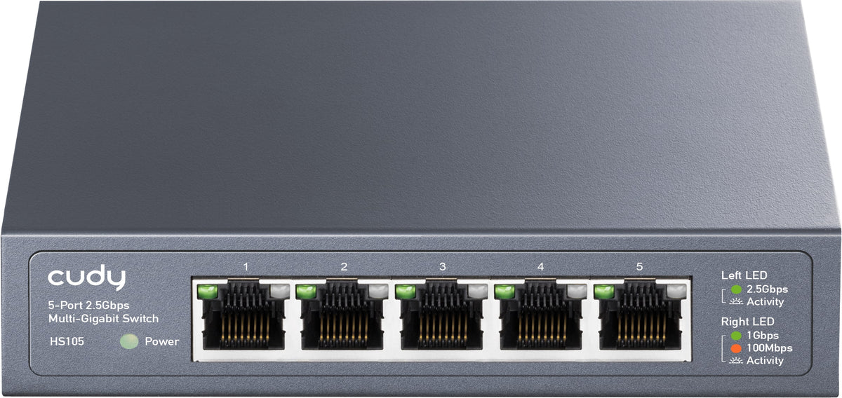 Cudy - 5-Port Multi-Gigabit Ethernet Switch, 5 2.5Gbps Ethernet RJ45 Ports, Metal, Loop Detection, 802.3az, Fanless, Grey - Gray
