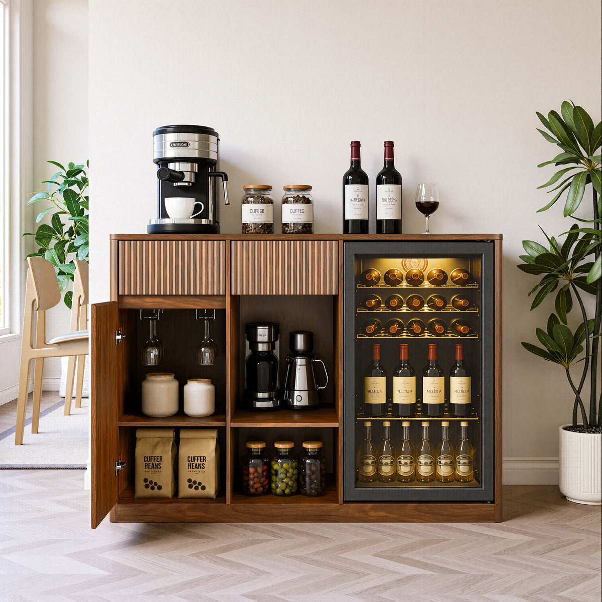 Anysun - 51.2" Modern Bar Cabinet with Fridge Compartment, Adjustable Shelves, Power Outlets, Wine Storage for Living/Dining Room - Brown