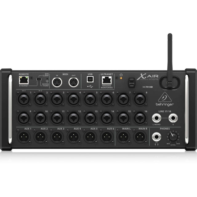 REMOTE + ETHERNET WIFI CLIENT ACCESS POINT IN MIDI OUT USB ULTRANET + PERSONAL MONITORING XAIR AIR encme XR18 1 HI-Z 2 3 4 5 6 7 8 9 10 11 12 13 14 15 16 LINE 17/18 L/MONO AUX 1 AUX 2 AUX 3 AUX 4 AUX 5 AUX 6 MAIN L MAIN R PHONES -IN MIN/MAX LEVEL