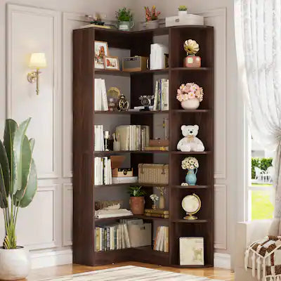 Aheaplus - 6-Tier Corner Bookshelf, 71'' Tall L-Shaped Bookcase with 13 Shelves for Home & Office